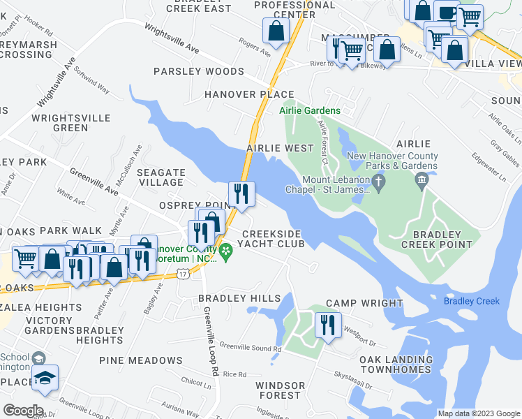 map of restaurants, bars, coffee shops, grocery stores, and more near 6338 Oleander Drive in Wilmington