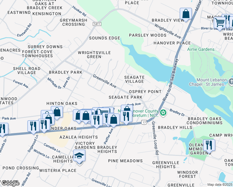 map of restaurants, bars, coffee shops, grocery stores, and more near 119 Myrtle Avenue in Wilmington