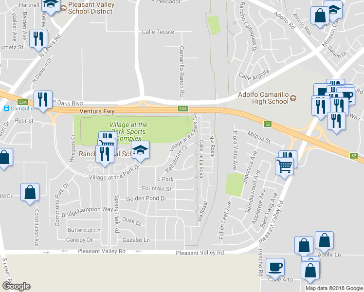 map of restaurants, bars, coffee shops, grocery stores, and more near 213 Bellafonte Court in Camarillo
