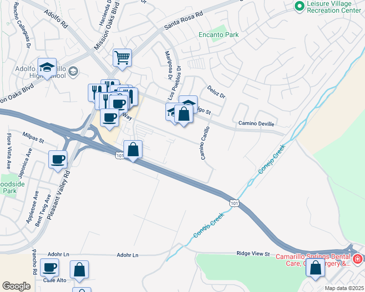 map of restaurants, bars, coffee shops, grocery stores, and more near 5212 Verdugo Way in Camarillo