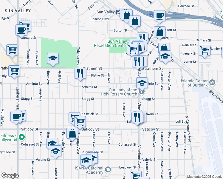 map of restaurants, bars, coffee shops, grocery stores, and more near 7838 Fair Avenue in Los Angeles