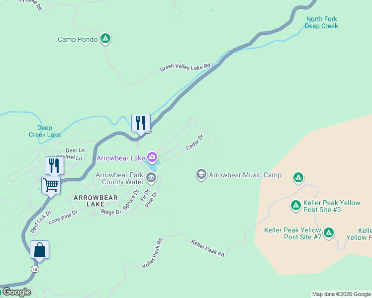 map of restaurants, bars, coffee shops, grocery stores, and more near 33432 Lakeview Drive in Big Bear