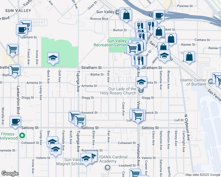 map of restaurants, bars, coffee shops, grocery stores, and more near 7838 Fair Avenue in Los Angeles