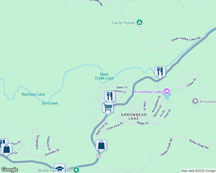 map of restaurants, bars, coffee shops, grocery stores, and more near 32868 Deer Lane in Running Springs