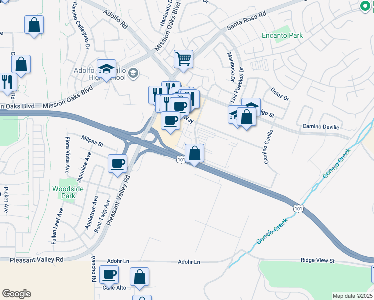 map of restaurants, bars, coffee shops, grocery stores, and more near 469 Pecana Street in Camarillo