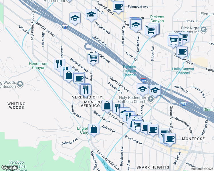 map of restaurants, bars, coffee shops, grocery stores, and more near 2666 Raymond Avenue in Glendale