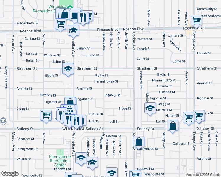 map of restaurants, bars, coffee shops, grocery stores, and more near 19847 Arminta Street in Los Angeles