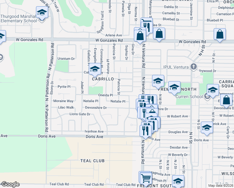 map of restaurants, bars, coffee shops, grocery stores, and more near 1743 Penny Way in Oxnard