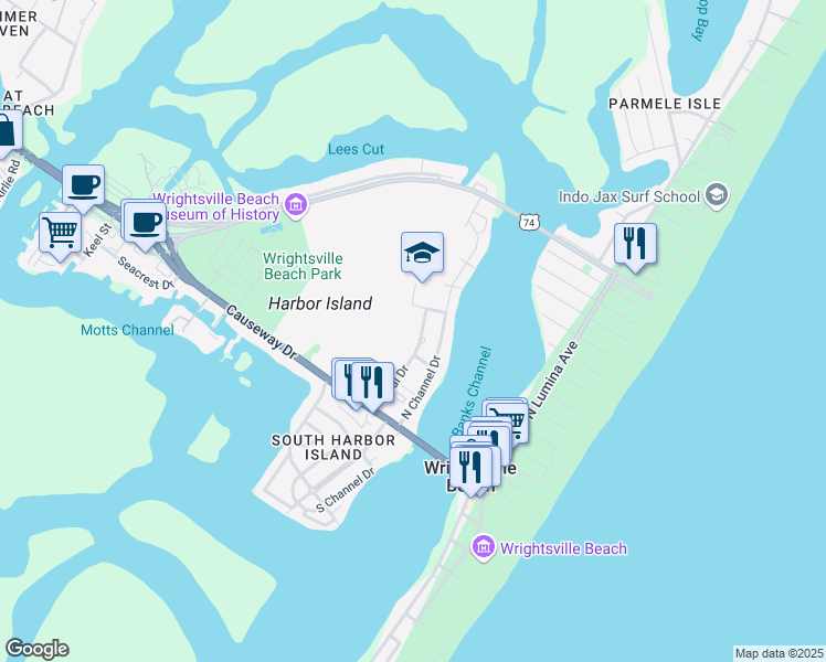 map of restaurants, bars, coffee shops, grocery stores, and more near 303 Coral Drive in Wrightsville Beach