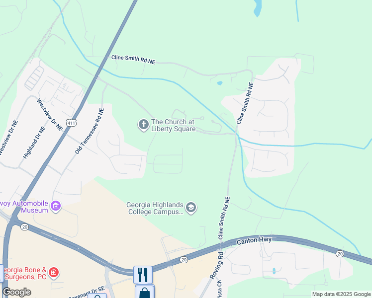 map of restaurants, bars, coffee shops, grocery stores, and more near 266 Eva Way in Cartersville