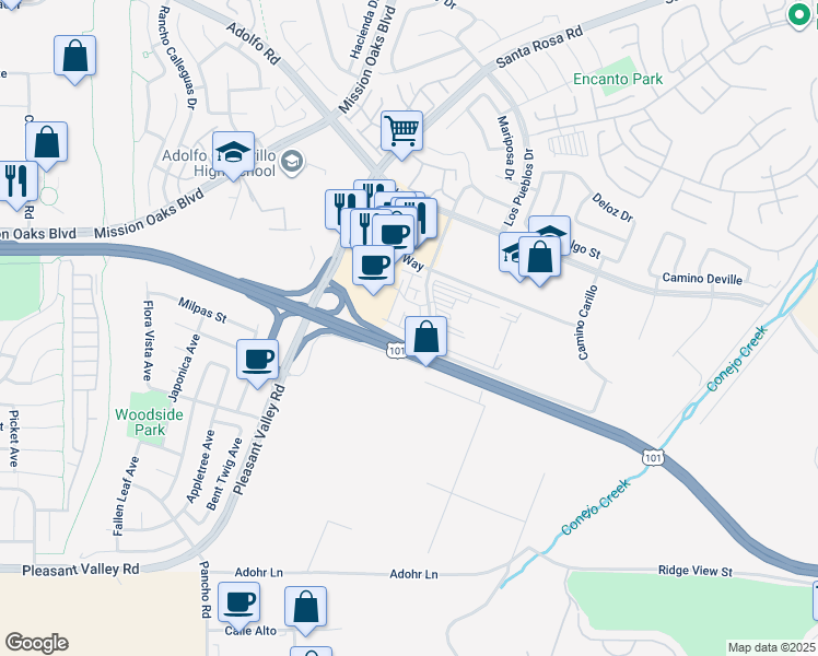 map of restaurants, bars, coffee shops, grocery stores, and more near 469 Pecana Street in Camarillo