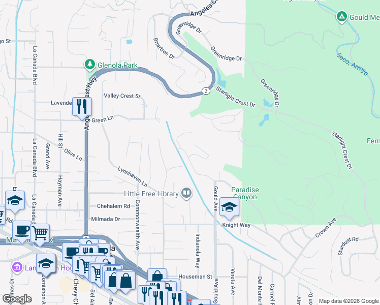 map of restaurants, bars, coffee shops, grocery stores, and more near 5250 Gould Avenue in La Cañada Flintridge