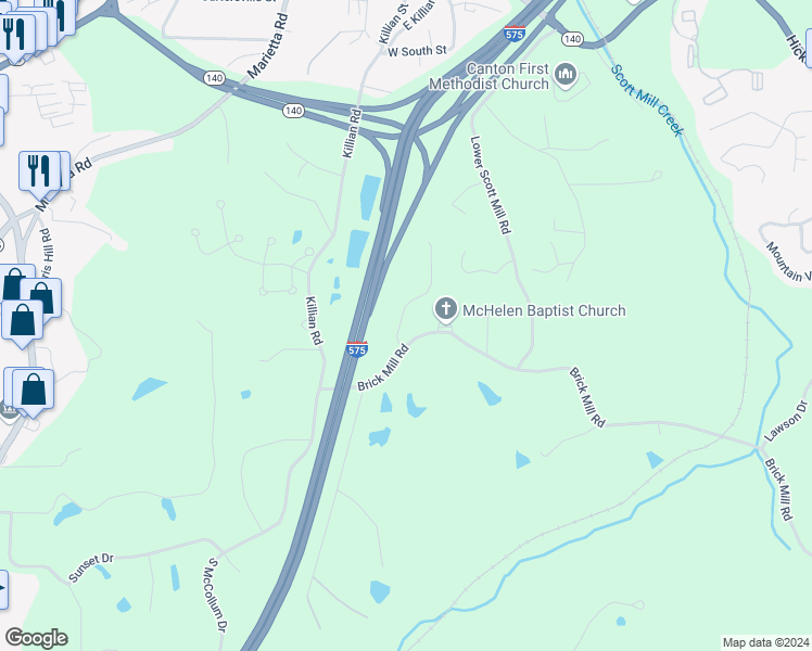 map of restaurants, bars, coffee shops, grocery stores, and more near 202 Brick Mill Drive in Canton