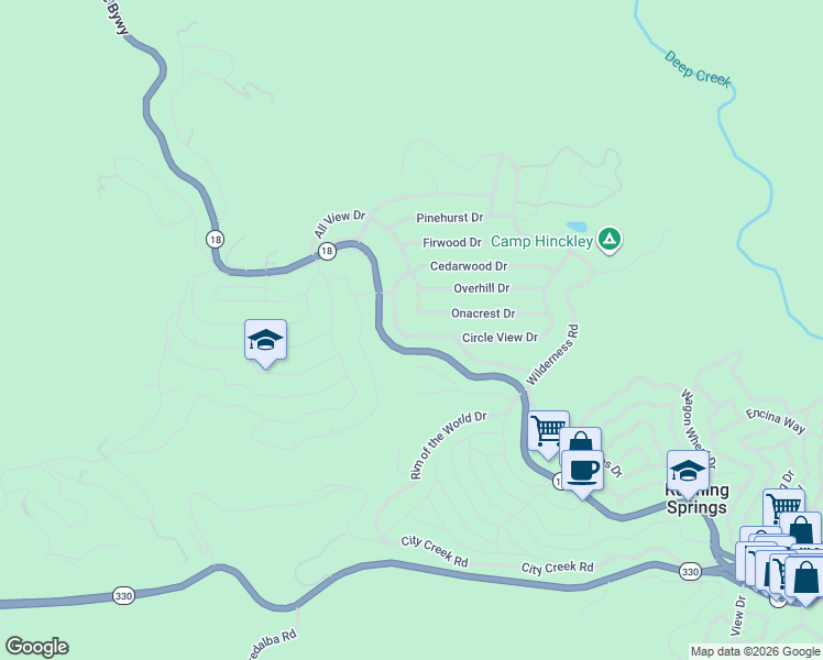 map of restaurants, bars, coffee shops, grocery stores, and more near 31317 Onacrest Drive in Running Springs