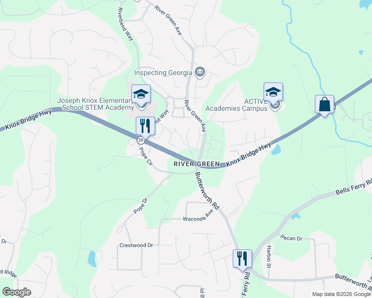 map of restaurants, bars, coffee shops, grocery stores, and more near 203 River Green Avenue in Canton