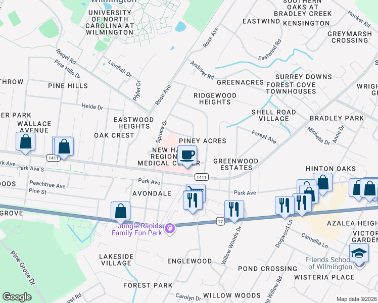 map of restaurants, bars, coffee shops, grocery stores, and more near Forest Road in Wilmington