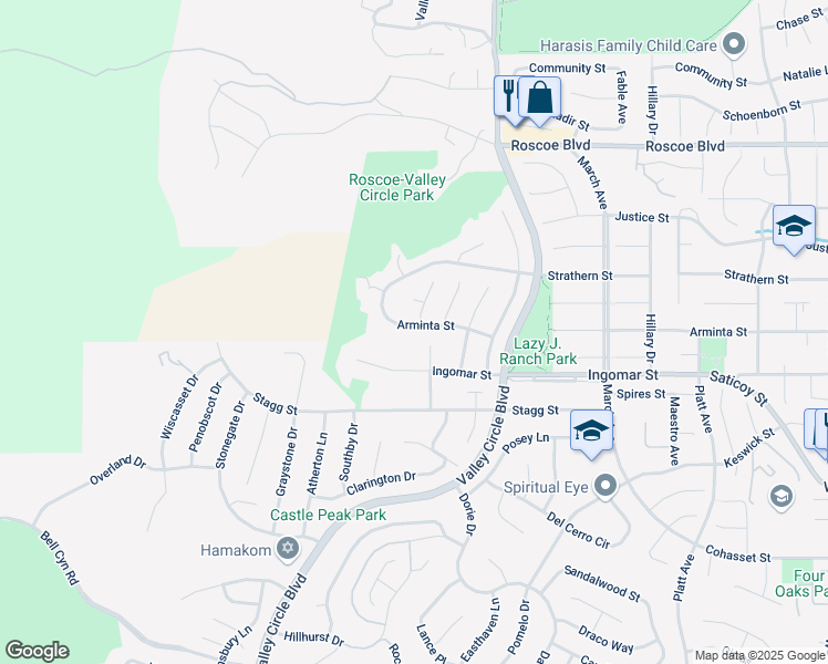 map of restaurants, bars, coffee shops, grocery stores, and more near 24001 Arminta Street in Los Angeles