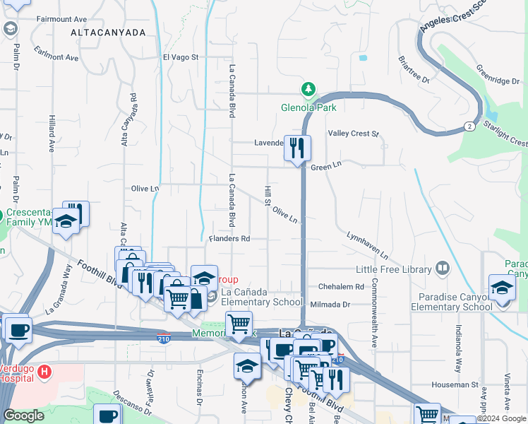 map of restaurants, bars, coffee shops, grocery stores, and more near 4841 Hill Street in La Cañada Flintridge