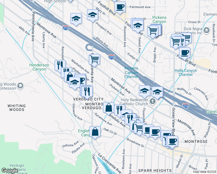 map of restaurants, bars, coffee shops, grocery stores, and more near 2705 Piedmont Avenue in Glendale