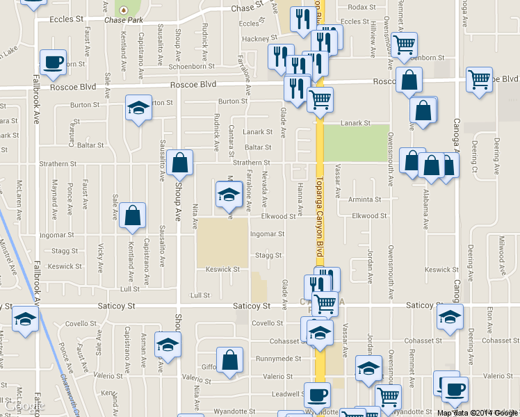 map of restaurants, bars, coffee shops, grocery stores, and more near 7845 Nevada Avenue in Los Angeles