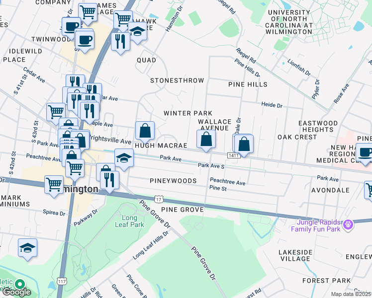 map of restaurants, bars, coffee shops, grocery stores, and more near 201 Dixie Avenue in Wilmington