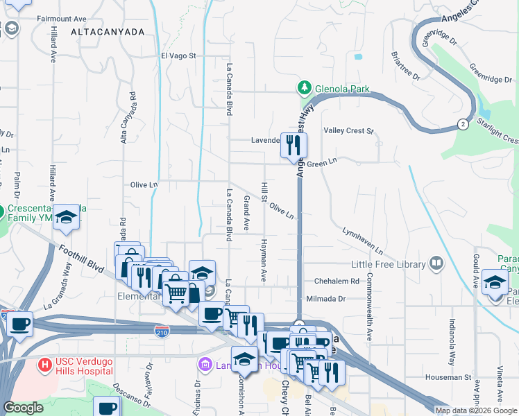 map of restaurants, bars, coffee shops, grocery stores, and more near 4841 Hill Street in La Cañada Flintridge