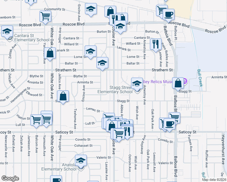 map of restaurants, bars, coffee shops, grocery stores, and more near 7823 Louise Avenue in Los Angeles