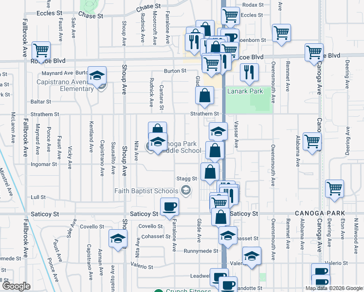 map of restaurants, bars, coffee shops, grocery stores, and more near 7845 Nevada Avenue in Los Angeles