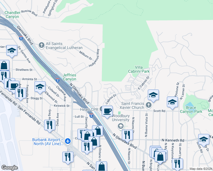 map of restaurants, bars, coffee shops, grocery stores, and more near 9772 Vía Roma in Burbank