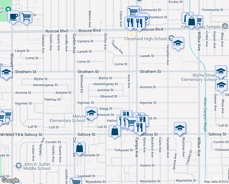 map of restaurants, bars, coffee shops, grocery stores, and more near 19432 Arminta Street in Los Angeles