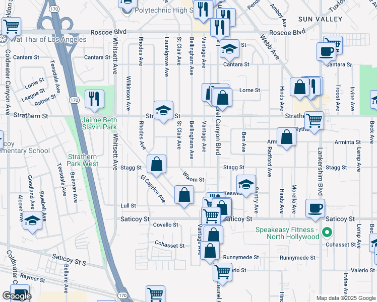 map of restaurants, bars, coffee shops, grocery stores, and more near 7848 Saint Clair Avenue in Los Angeles