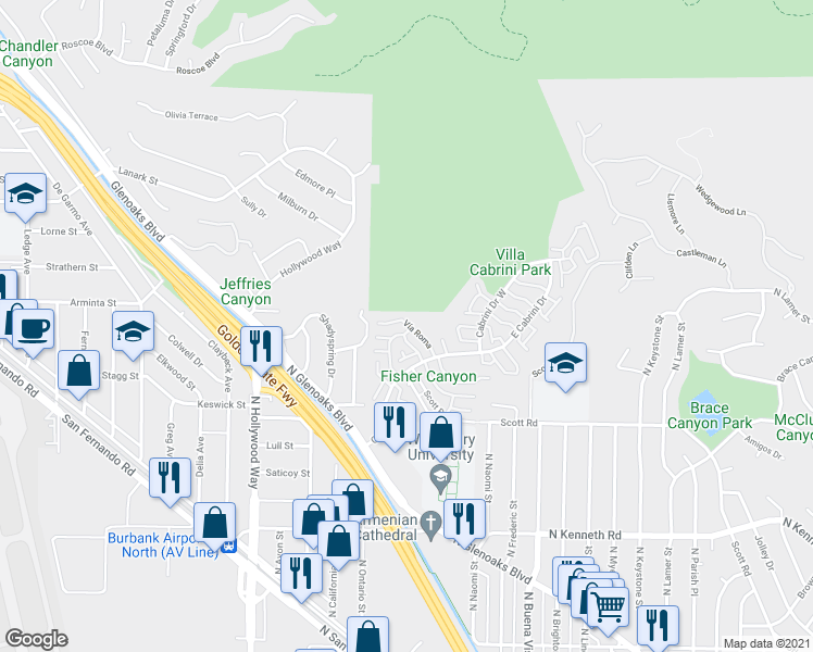 map of restaurants, bars, coffee shops, grocery stores, and more near 9744 Vía Roma in Burbank