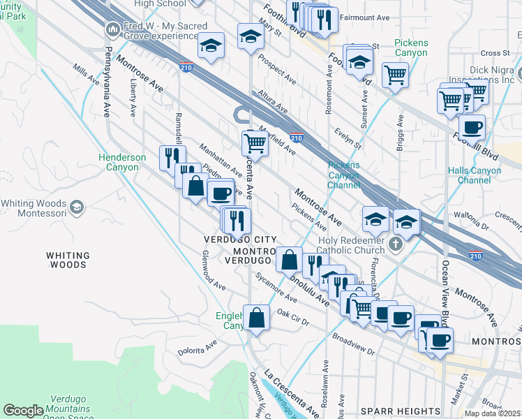 map of restaurants, bars, coffee shops, grocery stores, and more near 2750 Piedmont Avenue in Glendale