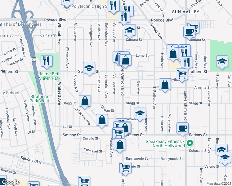 map of restaurants, bars, coffee shops, grocery stores, and more near 7838 Vantage Avenue in Los Angeles