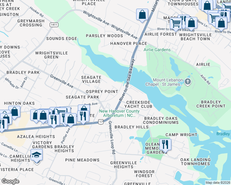 map of restaurants, bars, coffee shops, grocery stores, and more near 6323 Circular Drive in Wilmington