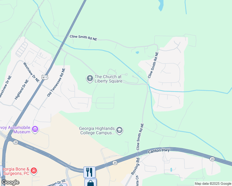 map of restaurants, bars, coffee shops, grocery stores, and more near 266 Eva Way in Cartersville
