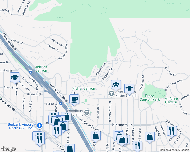 map of restaurants, bars, coffee shops, grocery stores, and more near 9551 Vía Ricardo in Burbank