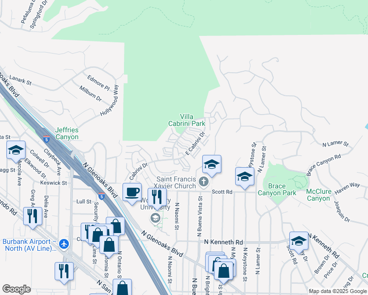 map of restaurants, bars, coffee shops, grocery stores, and more near 9518 Vía Salerno in Burbank
