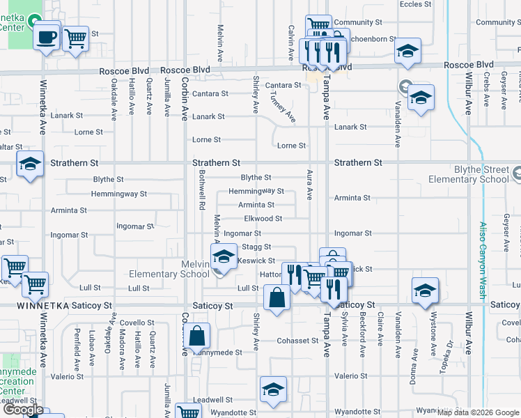 map of restaurants, bars, coffee shops, grocery stores, and more near 19462 Arminta Street in Los Angeles