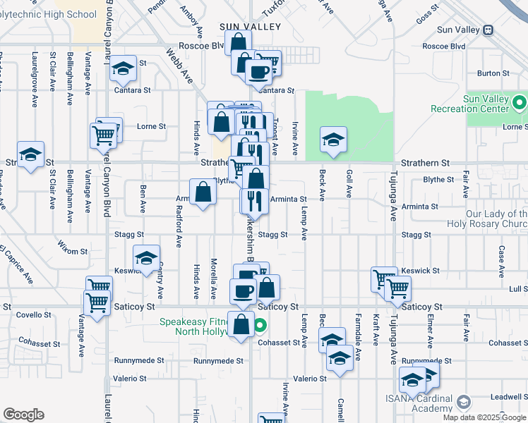 map of restaurants, bars, coffee shops, grocery stores, and more near 7848 Lankershim Boulevard in Los Angeles