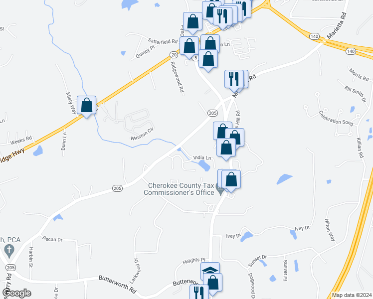 map of restaurants, bars, coffee shops, grocery stores, and more near 406 Sheila Way in Canton