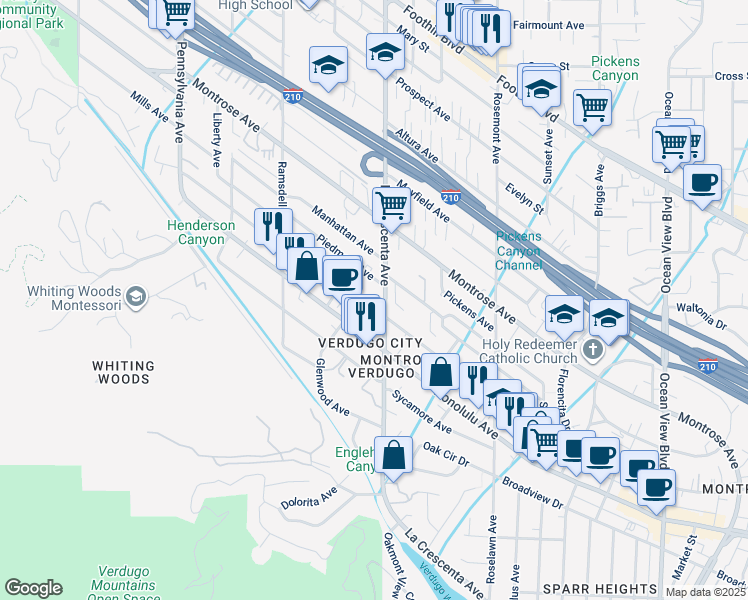 map of restaurants, bars, coffee shops, grocery stores, and more near 3907 La Crescenta Avenue in Glendale