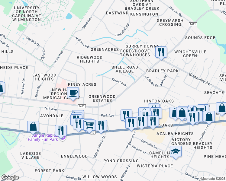 map of restaurants, bars, coffee shops, grocery stores, and more near 5584 Sycamore Street in Wilmington