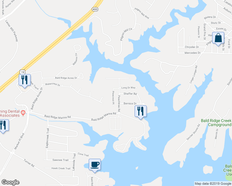 map of restaurants, bars, coffee shops, grocery stores, and more near 1905 Peachtree Road in Cumming