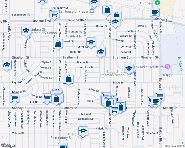 map of restaurants, bars, coffee shops, grocery stores, and more near 17430 Hemmingway Street in Los Angeles