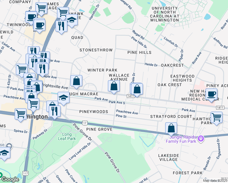 map of restaurants, bars, coffee shops, grocery stores, and more near 4947 Wrightsville Avenue in Wilmington