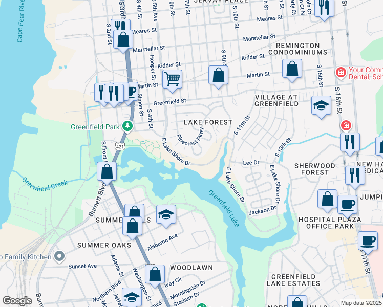 map of restaurants, bars, coffee shops, grocery stores, and more near 110 Pinecrest Parkway in Wilmington