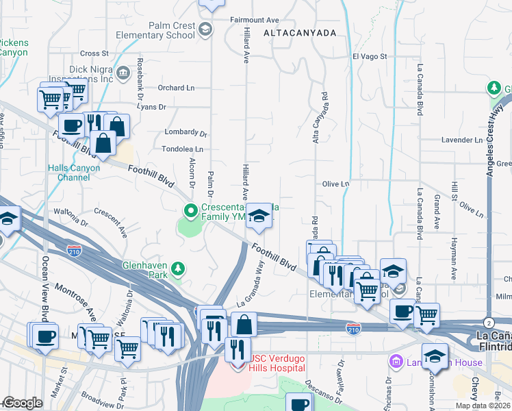 map of restaurants, bars, coffee shops, grocery stores, and more near 4544 Hillard Avenue in La Cañada Flintridge