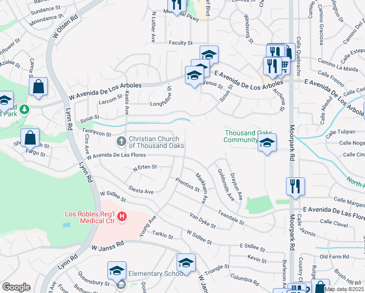map of restaurants, bars, coffee shops, grocery stores, and more near 102 Sandberg Street in Thousand Oaks