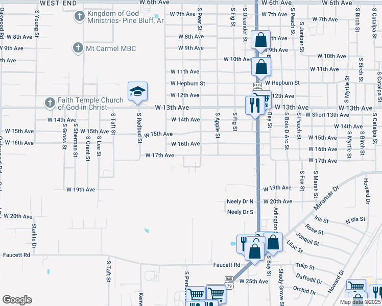 map of restaurants, bars, coffee shops, grocery stores, and more near 4307 West 17th Avenue in Pine Bluff